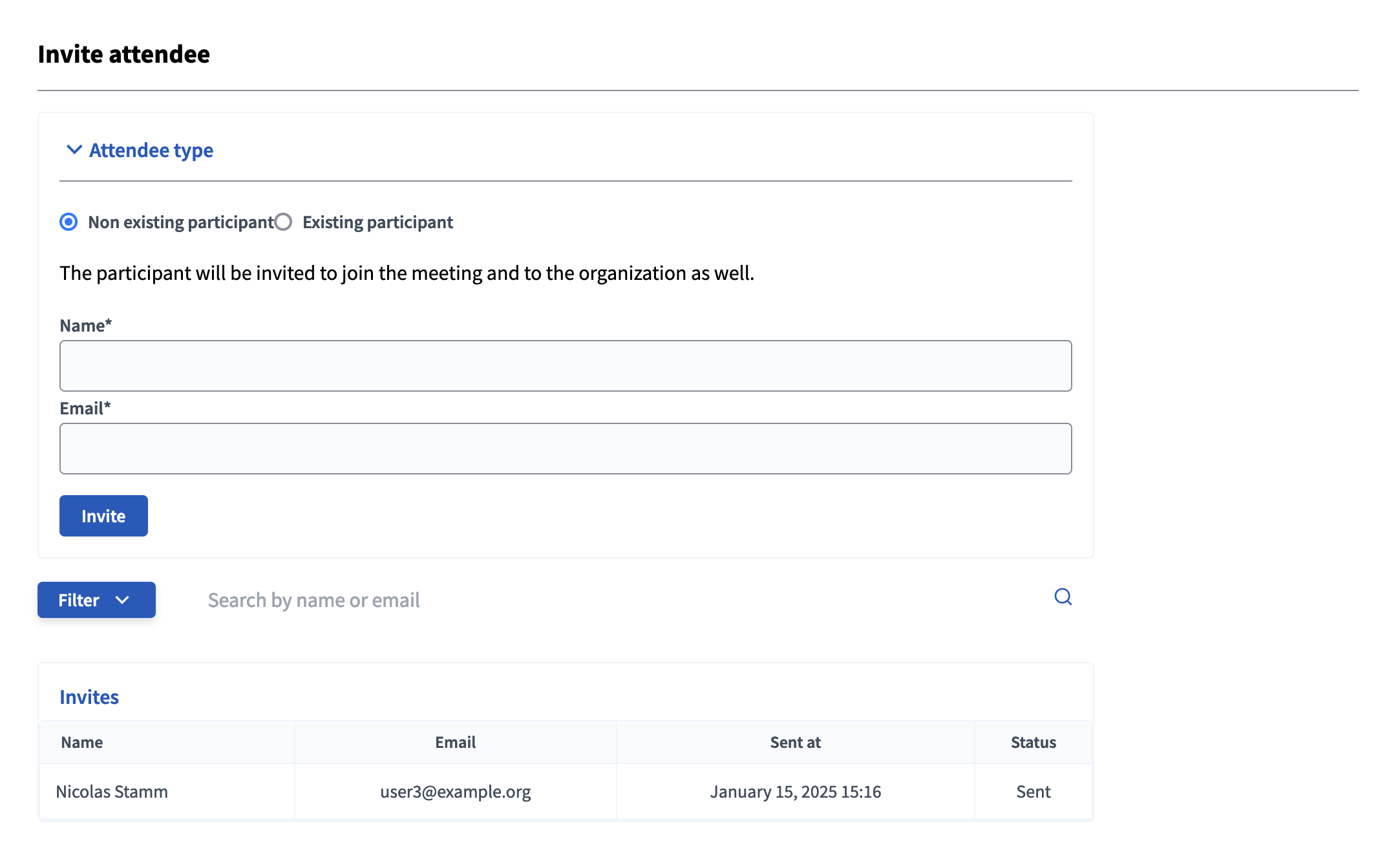 Invite attendee for registration in a meeting