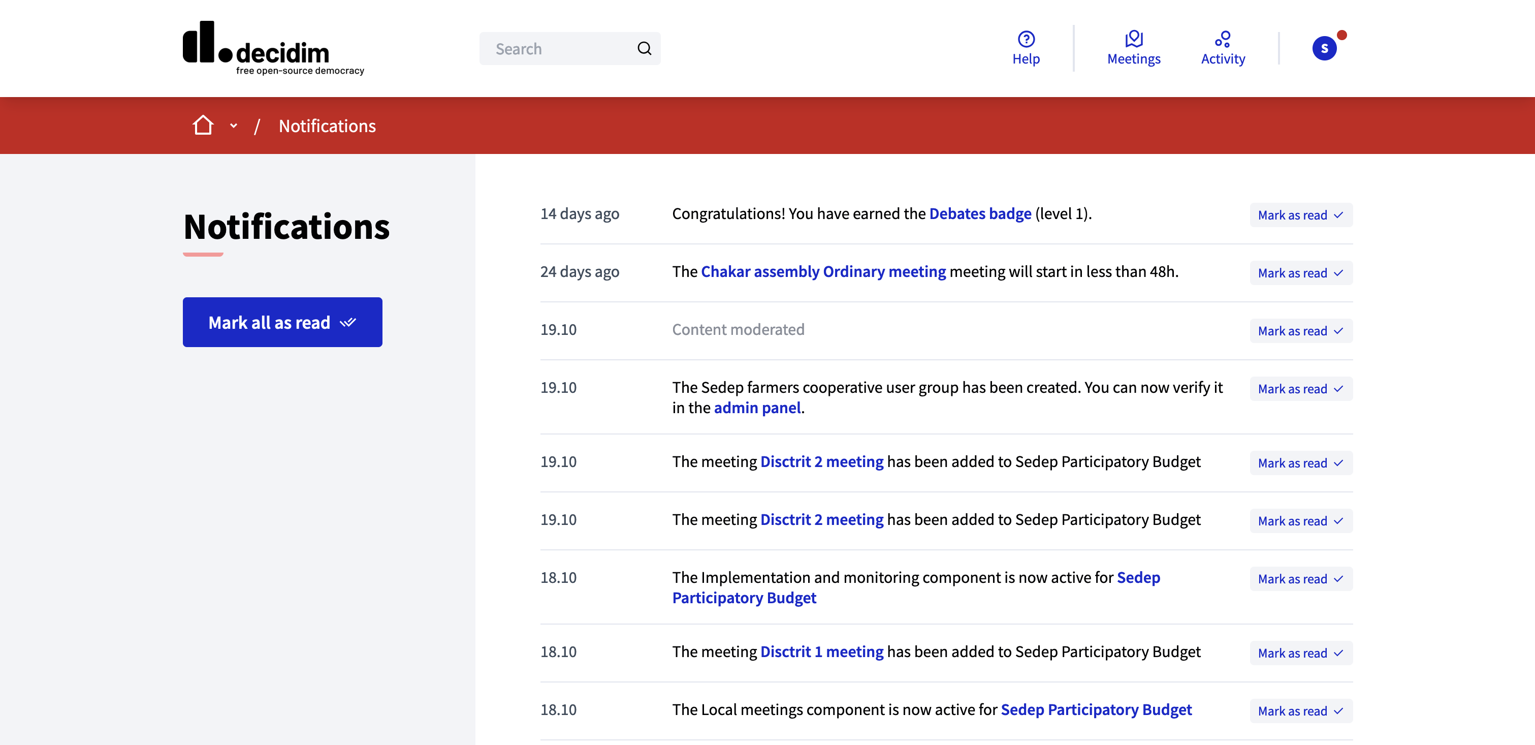 Example of notifications page when there are notifications
