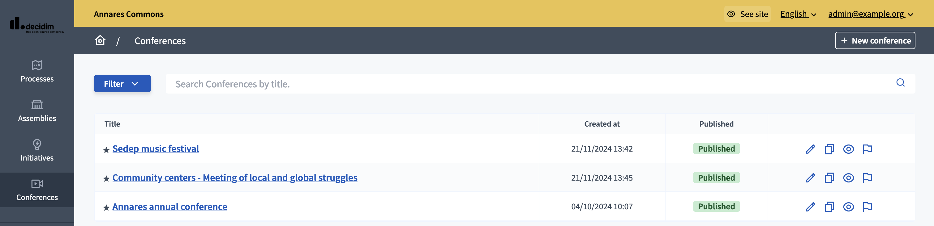Conferences list in administration panel
