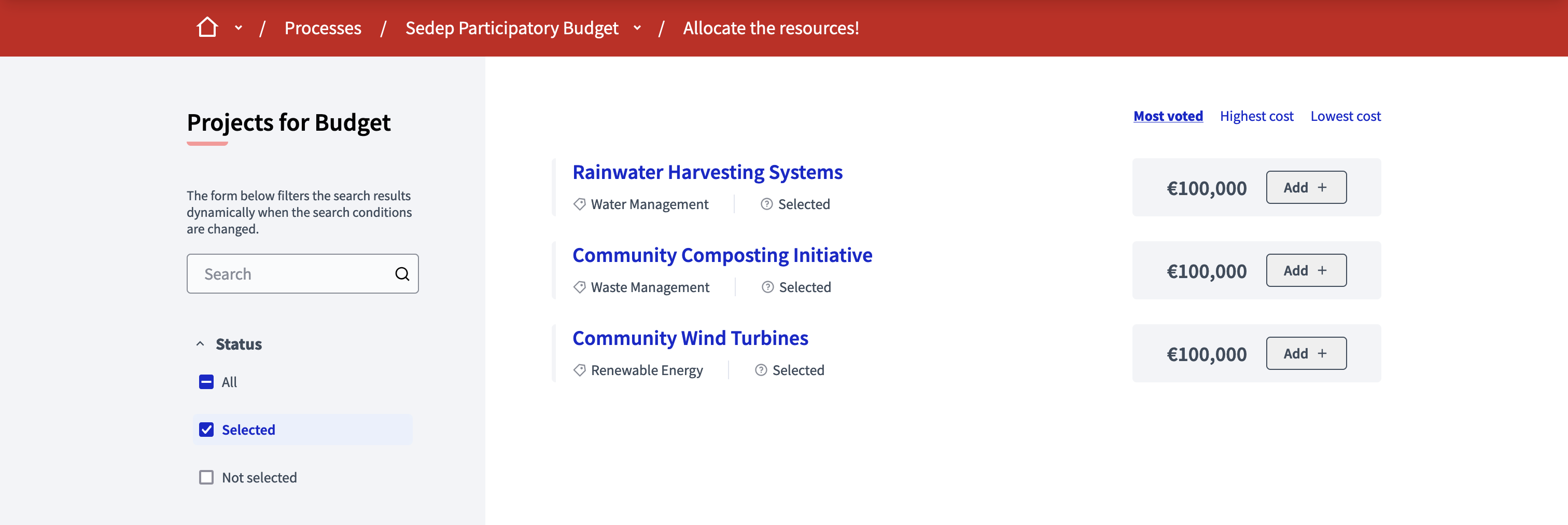 Selected projects after voting in the frontend
