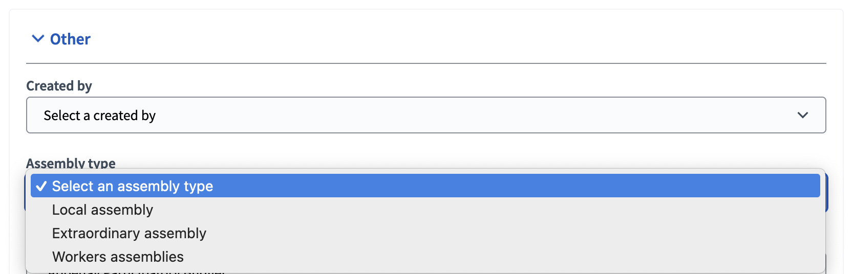 Choose an assembly type when editing an assembly